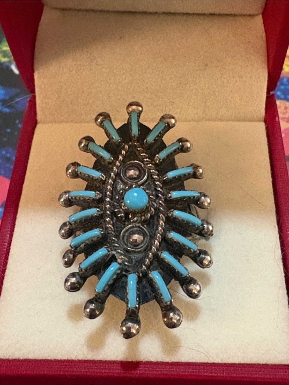 Sterling Silver Zuni Turquoise Cabochon Sunburst Statement Ring -